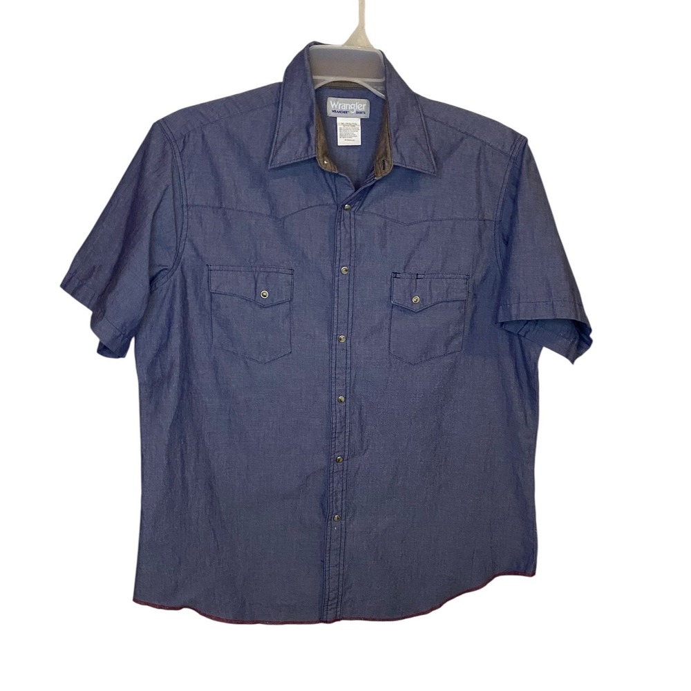 Wrangler Wrancher Mens XL Blue Denim Short Sleeve Western Snap Button Shirt